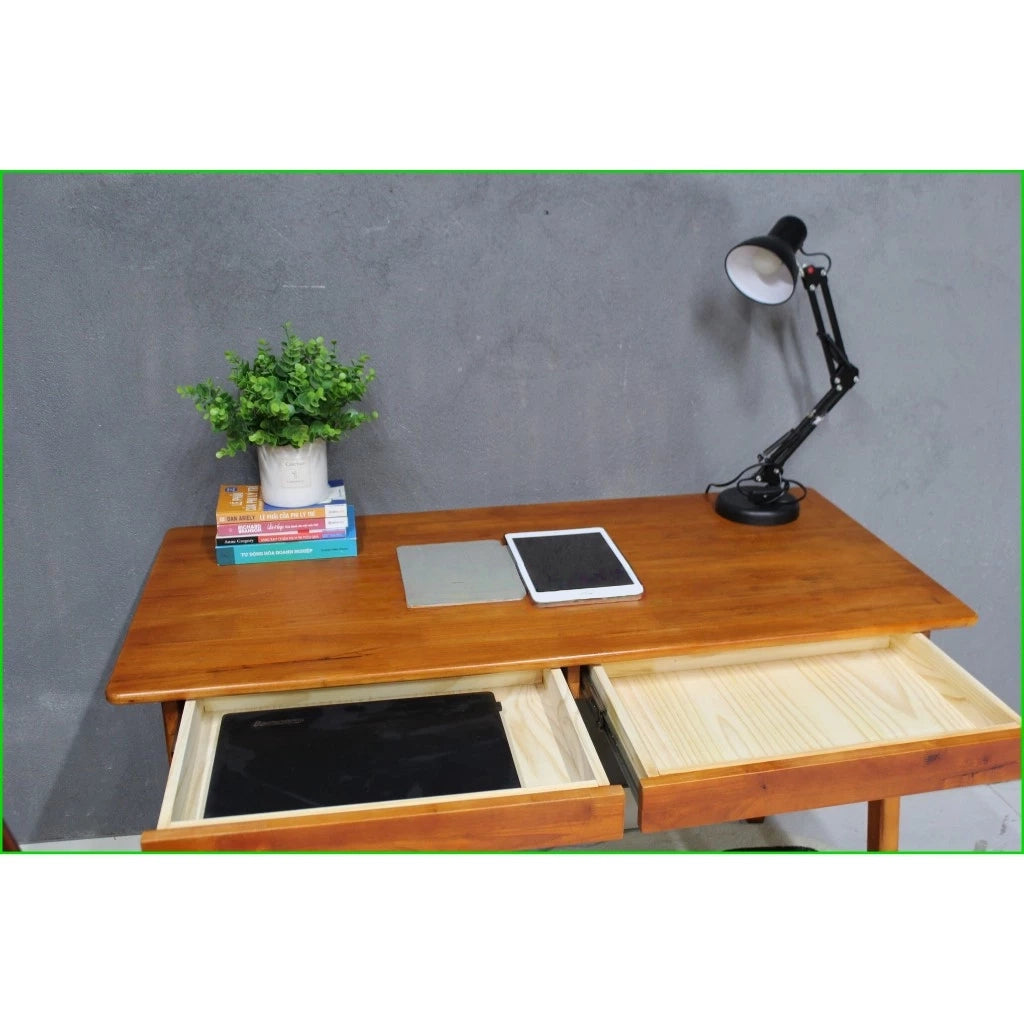 Solid Wood Desk with 2 Drawers, Rubber Wood Tabletop and Pine Legs, Simple Nordic Style Office or Study Table