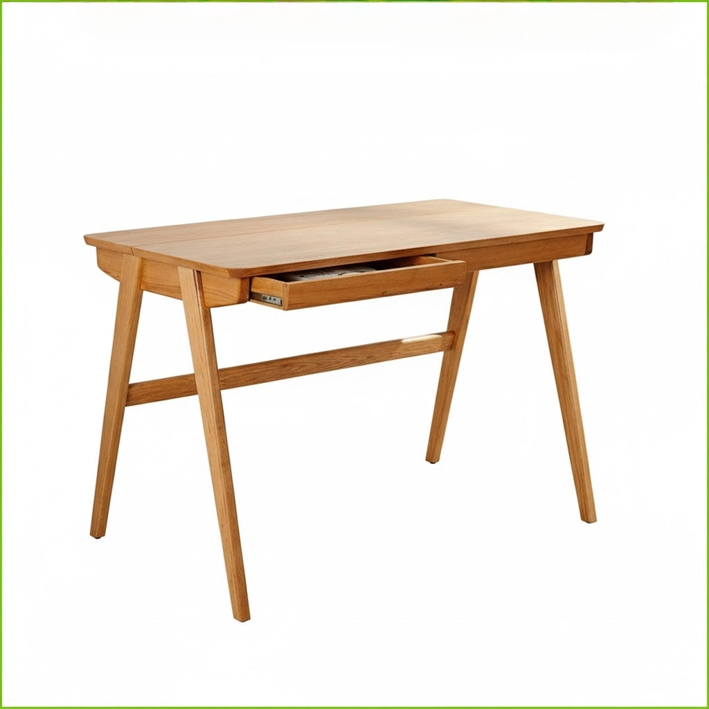 Solid Wood Desk with 2 Drawers, Rubber Wood Tabletop and Pine Legs, Simple Nordic Style Office or Study Table
