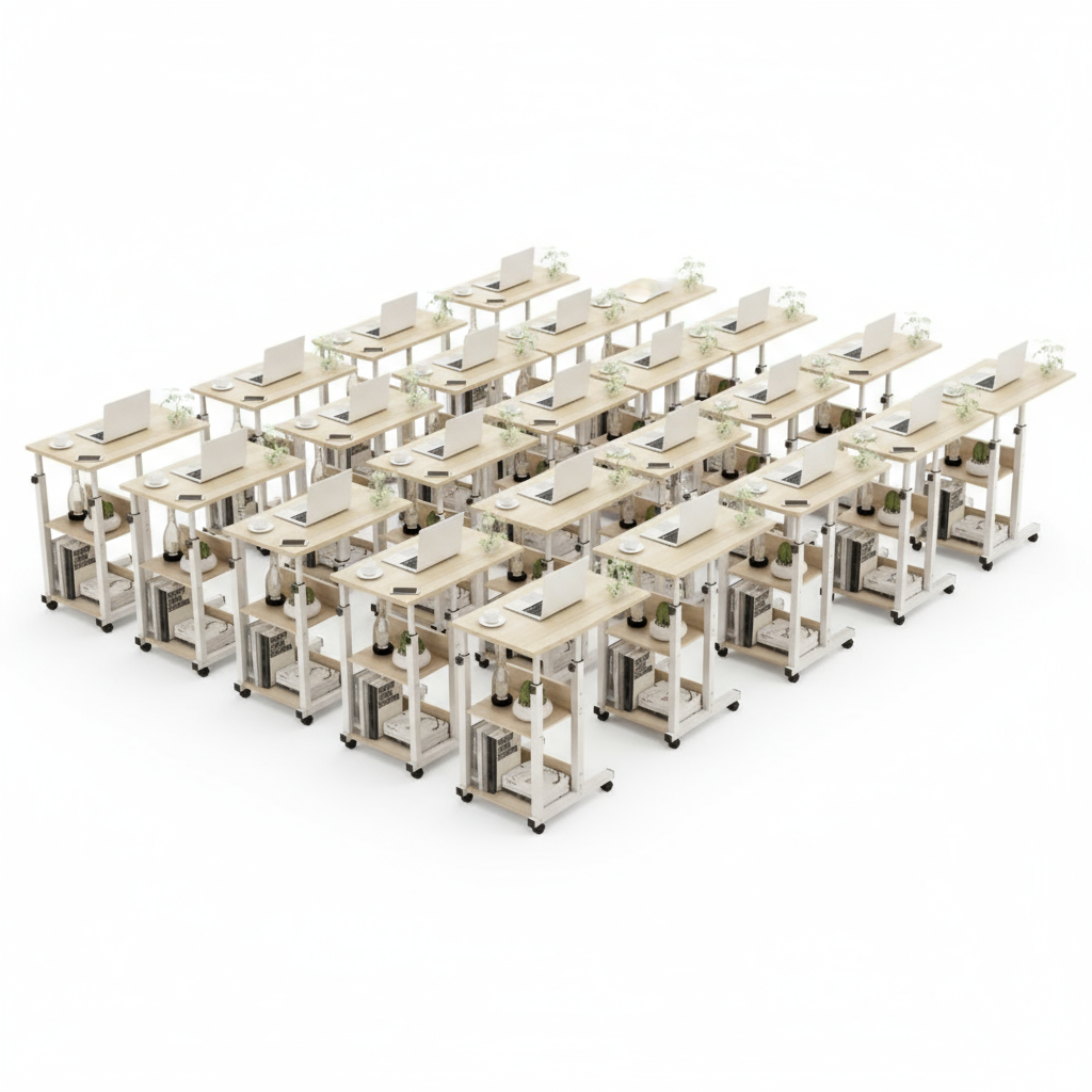 60 units Adjustable Mobile Laptop Desk with Bookshelf Storage, 3-Tier Rolling Study Table, Height Adjustable 26.8–33.5 in (68–85 cm), Compact Bedside Workstation for Bedroom, Living Room, Dorm, and Home Office