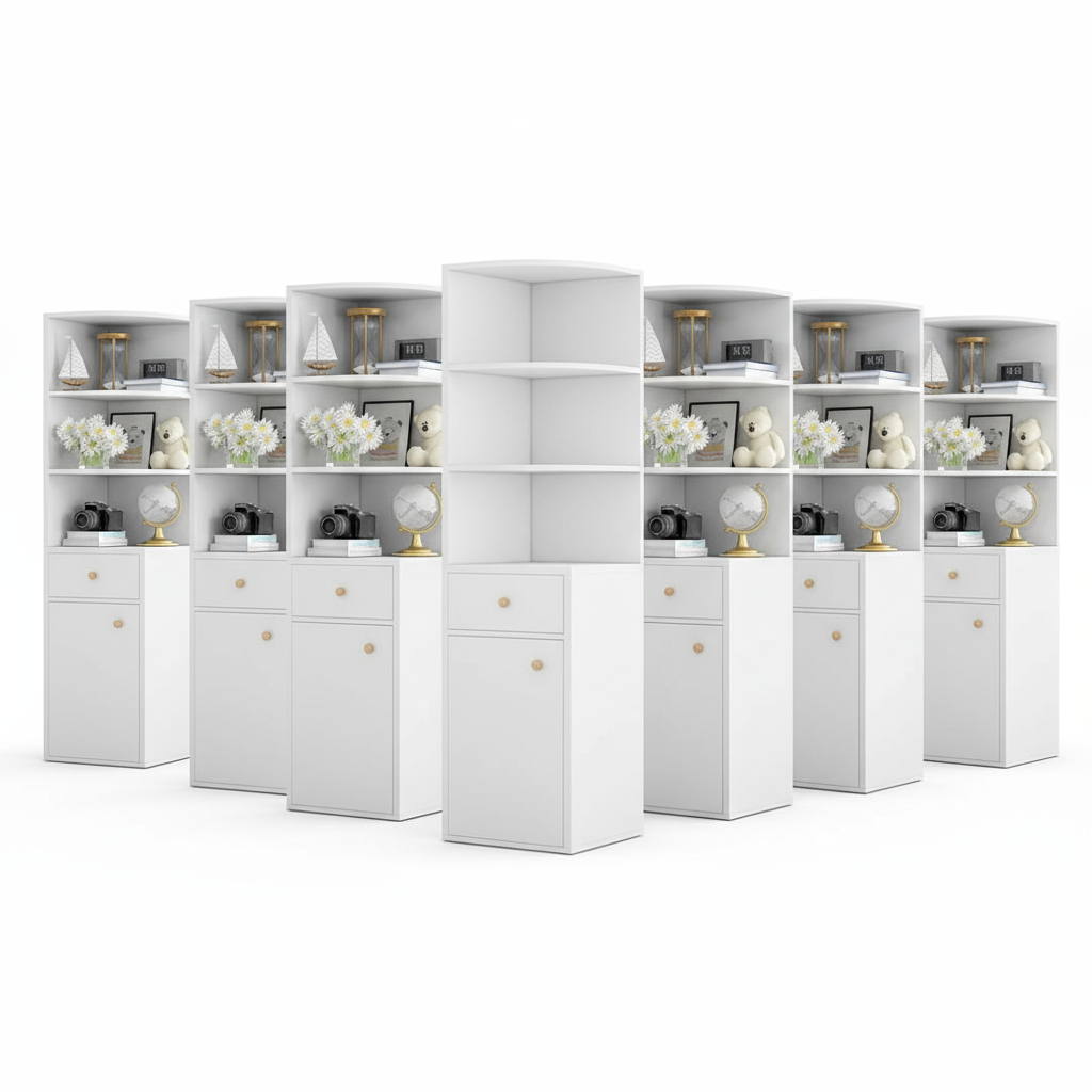 40 units Space-Saving Corner Bookshelf with Storage Cabinet – Compact Wooden Bookcase for Living Room or Bedroom, 9.4 x 9.4 x 51.2 in (24 x 24 x 130 cm)