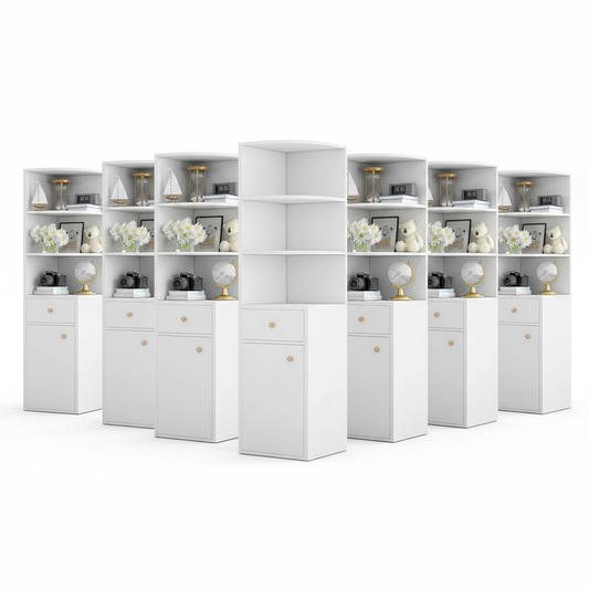 40 units Space-Saving Corner Bookshelf with Storage Cabinet – Compact Wooden Bookcase for Living Room or Bedroom, 9.4 x 9.4 x 51.2 in (24 x 24 x 130 cm)