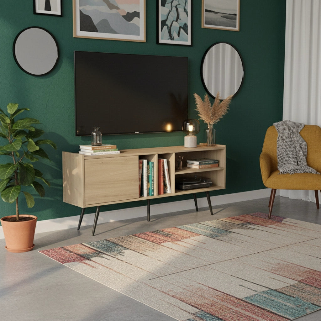 Modern Wooden TV Stand with Storage Shelves, MDF Entertainment Center for Living Room, Fits 43–65 Inch TVs, 55.1 x 11.8 x 25.6 in (140 x 30 x 65 cm)