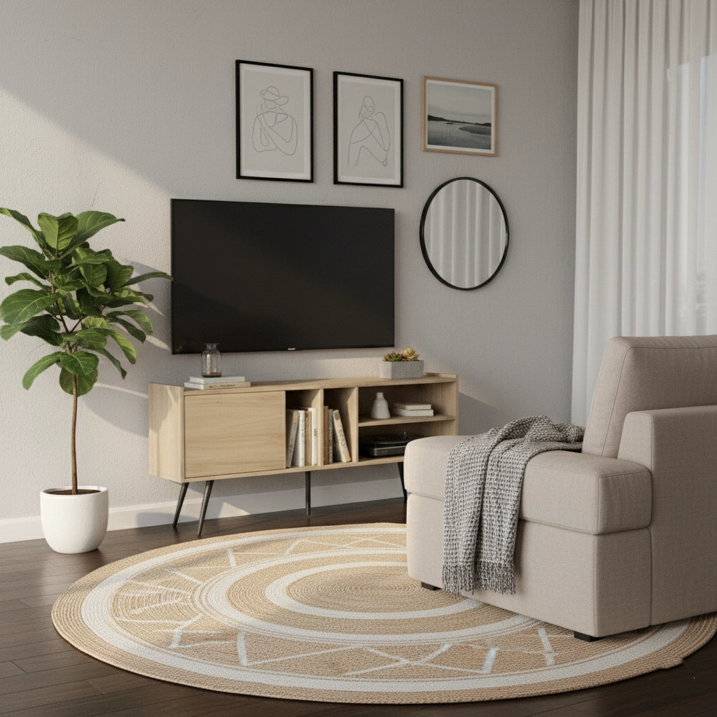 Modern Wooden TV Stand with Storage Shelves, MDF Entertainment Center for Living Room, Fits 43–65 Inch TVs, 55.1 x 11.8 x 25.6 in (140 x 30 x 65 cm)