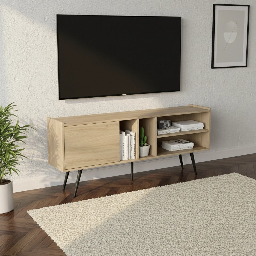 Modern Wooden TV Stand with Storage Shelves, MDF Entertainment Center for Living Room, Fits 43–65 Inch TVs, 55.1 x 11.8 x 25.6 in (140 x 30 x 65 cm)