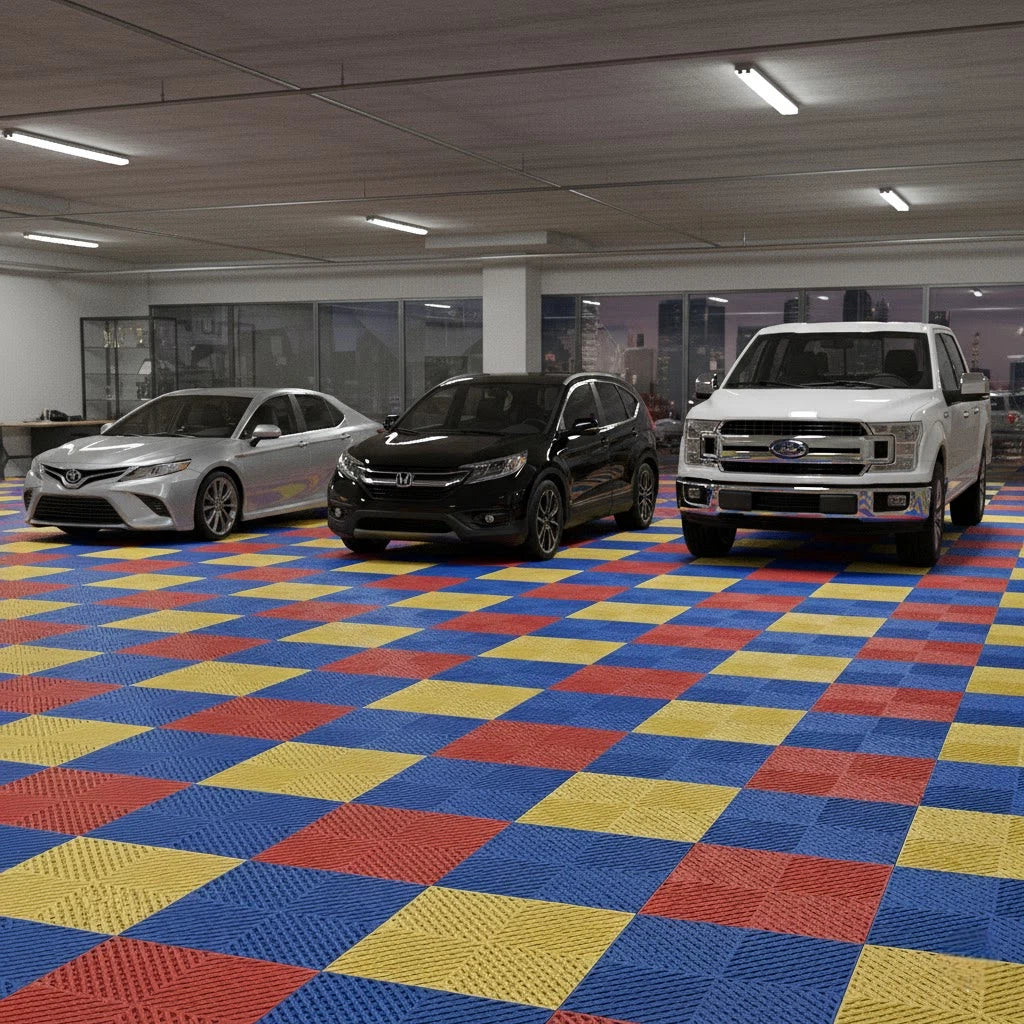 324 Pieces - Heavy-Duty Plastic Floor Covering Tile – Anti-Slip Interlocking Tile for Garage, Car Wash, and Workshop Flooring