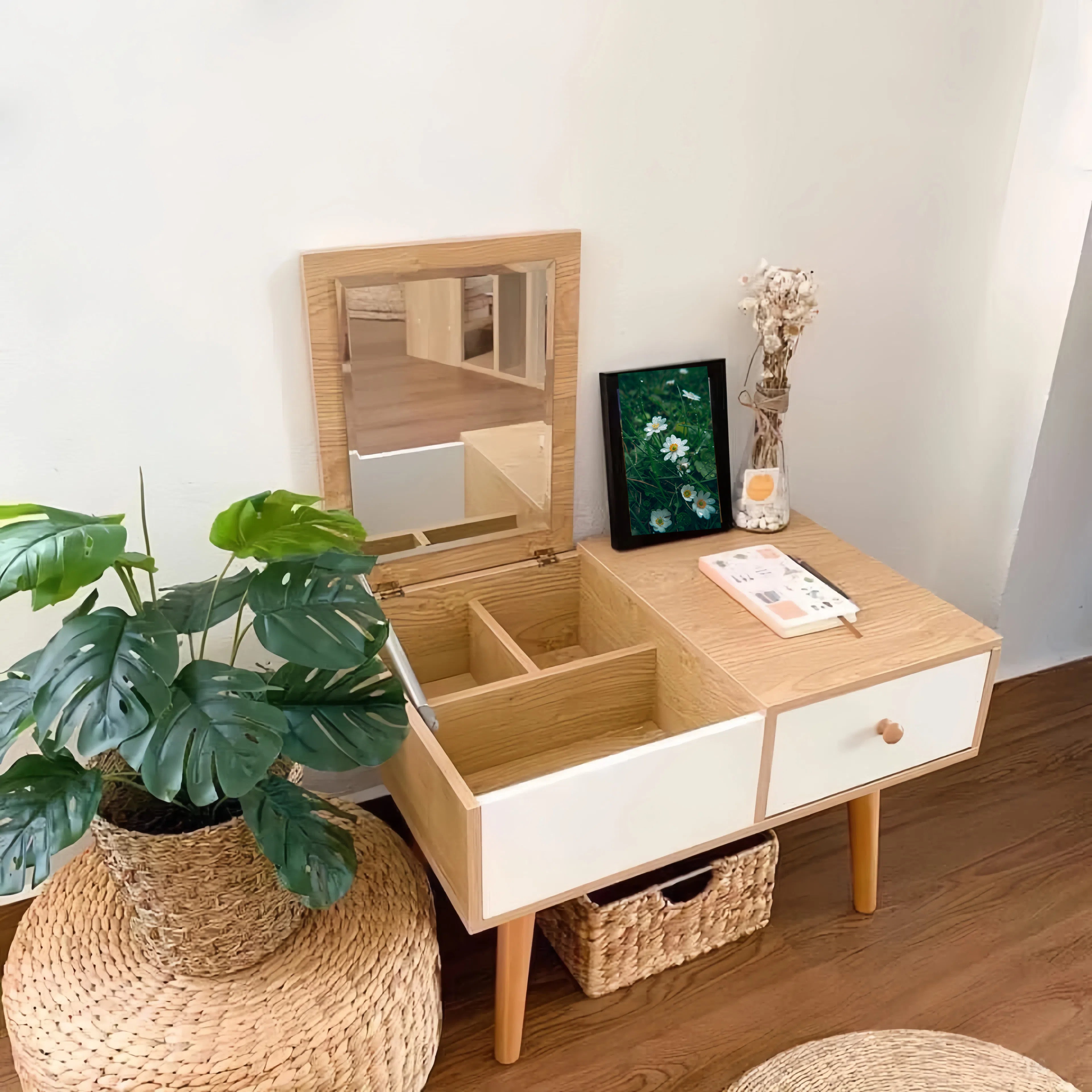 Modern Floor Vanity Table with Flip-Top Mirror & Storage – MDF Wood, Compact & Durable