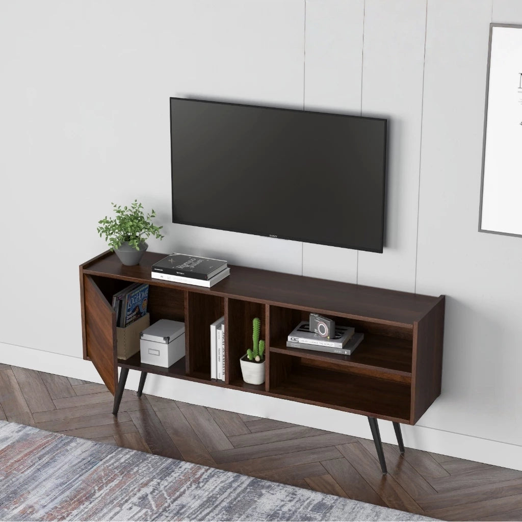 Modern Wooden TV Stand with Storage Shelves, MDF Entertainment Center for Living Room, Fits 43–65 Inch TVs, 55.1 x 11.8 x 25.6 in (140 x 30 x 65 cm)