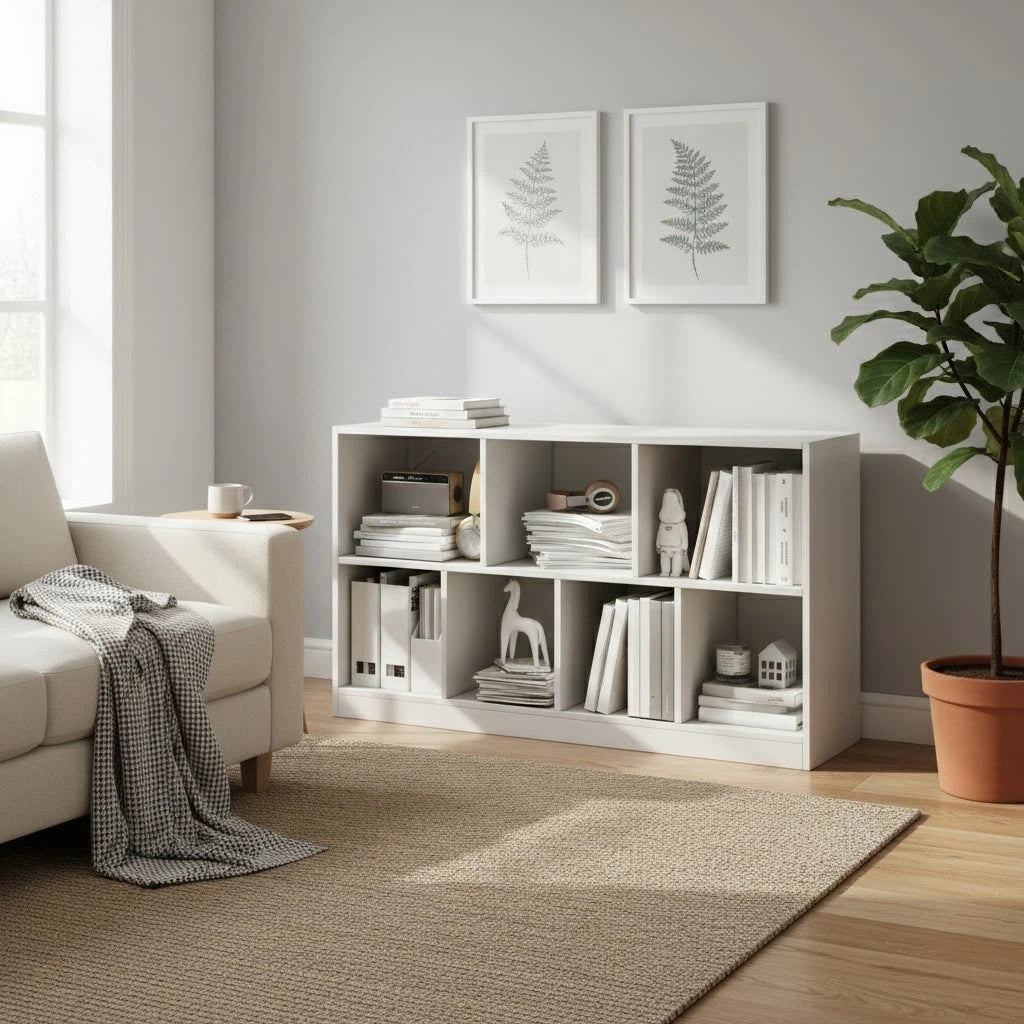 47" Horizontal Bookshelf, 2-Tier Low Profile Wood Storage Organizer, Modern Nordic Open Display Shelf Made of 12mm Premium MDF, Moisture-Proof Floor Shelving for Living Room, Office, White