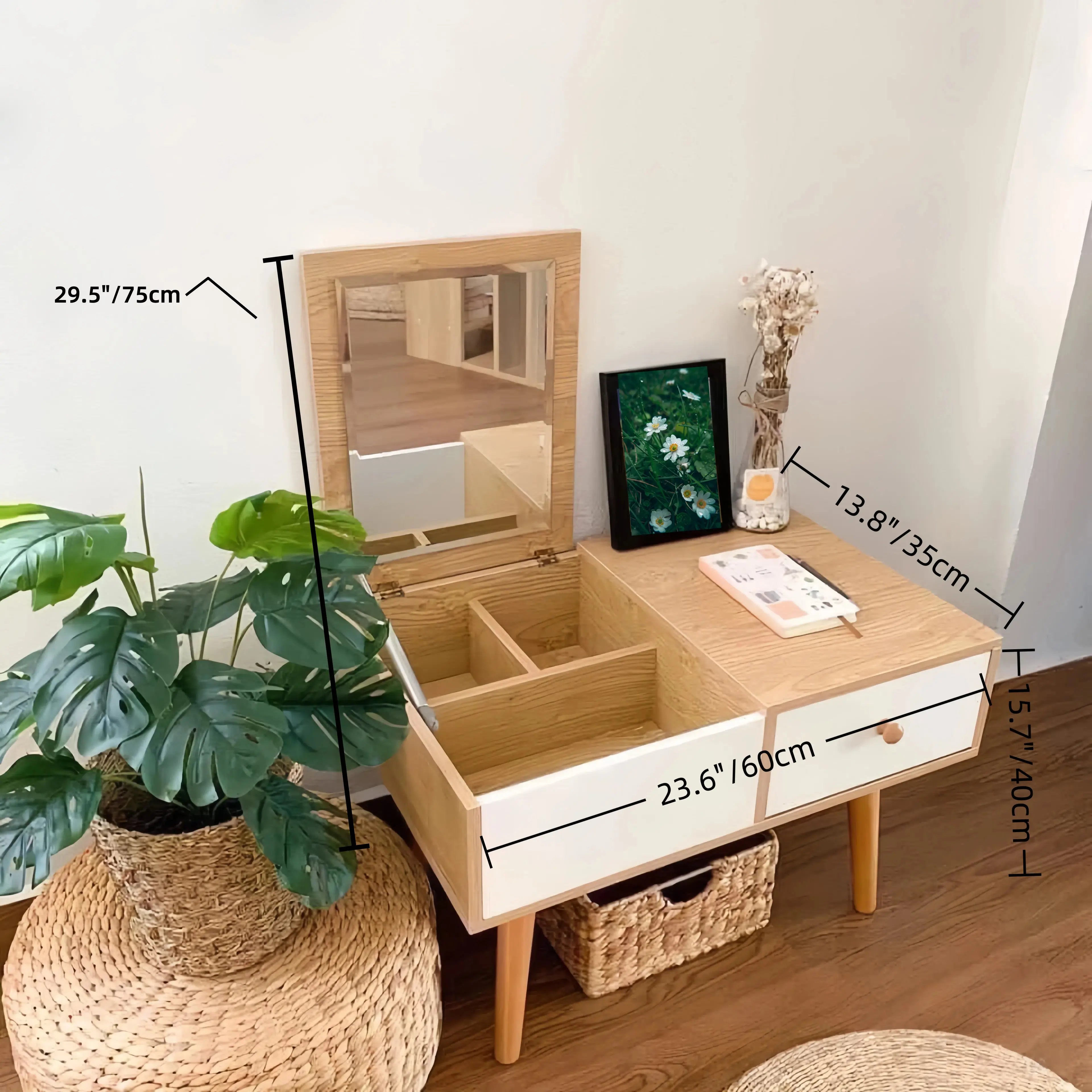 Modern Floor Vanity Table with Flip-Top Mirror & Storage – MDF Wood, Compact & Durable Kikbo