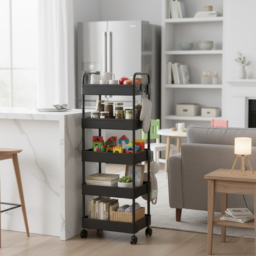5-Tier Rolling Utility Cart with Wheels, Metal Mesh Storage Organizer for Kitchen, Bathroom, Office – 15.7 x 11.8 x 53.1 in (40 x 30 x 135 cm), Black