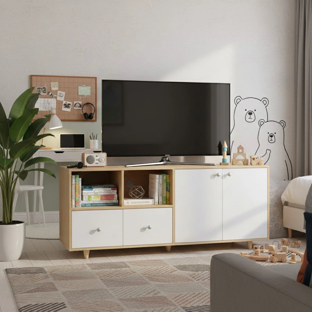 Modern TV Stand for 50/55 inch TV, Mid-Century Entertainment Center with Storage Doors, Water-Resistant MDF Media Console, Wood Grain Low Profile Television Table for Living Room