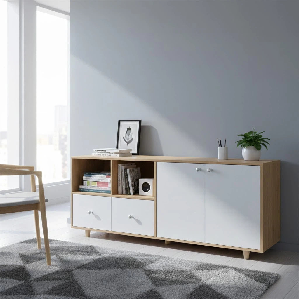 Modern TV Stand for 50/55 inch TV, Mid-Century Entertainment Center with Storage Doors, Water-Resistant MDF Media Console, Wood Grain Low Profile Television Table for Living Room