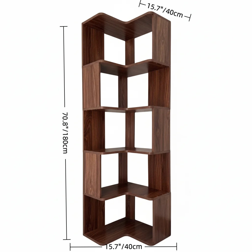 90-Degree Corner Wooden Bookshelf – 5-Tier Walnut Veneer Standing Storage Rack for Living Room or Office, 11 x 11 x 47.2 in (280 x 280 x 1200 mm)