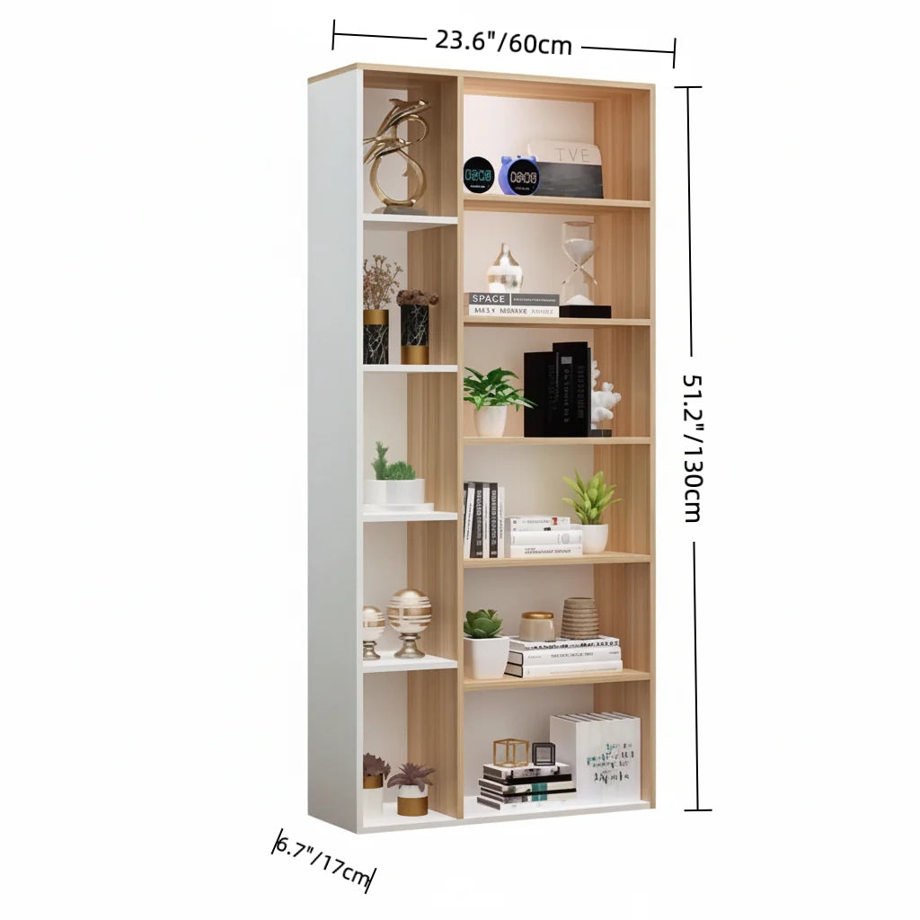6-Tier Modern Wooden Bookshelf – MDF Storage Rack with White & Natural Wood Finish for Living Room, Office or Bedroom, 23.6 x 9.8 x 70.8 in (60 x 25 x 180 cm)