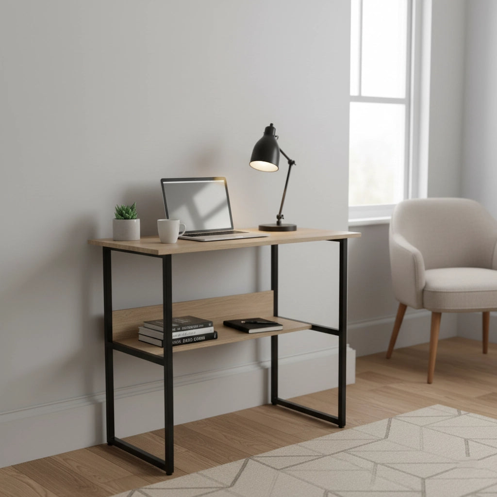 Modern Wooden Study Desk with Metal Frame – Compact Computer Table with Storage Shelf for Home Office & Students