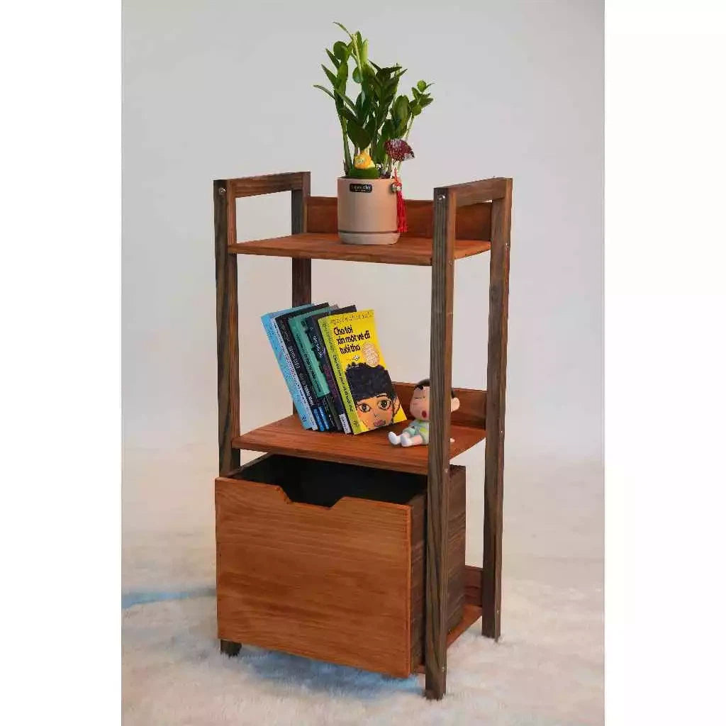 3-Tier Wooden Nightstand with Storage Drawer, Versatile Solid Wood Side Table for Living Room, Rustic Pine Decor Shelf for Plants & Books, Space-Saving Bedside Organizer, Easy Assembly