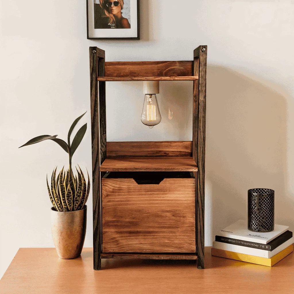 3-Tier Wooden Nightstand with Storage Drawer, Versatile Solid Wood Side Table for Living Room, Rustic Pine Decor Shelf for Plants & Books, Space-Saving Bedside Organizer, Easy Assembly