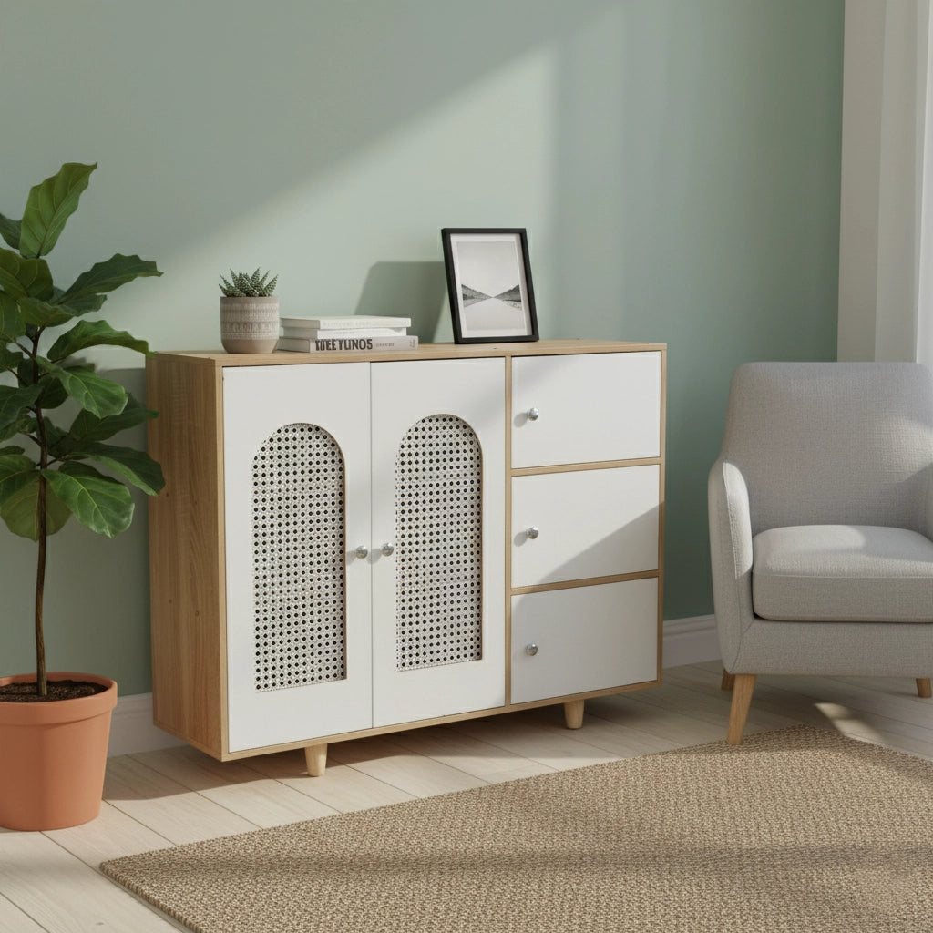 Modern MDF Storage Cabinet with Rattan-Style Doors and Drawers – Multi-Compartment Organizer for Living Room, Bedroom, or Kitchen, 39.4 x 11.8 x 29.9 in (100 x 30 x 76 cm)