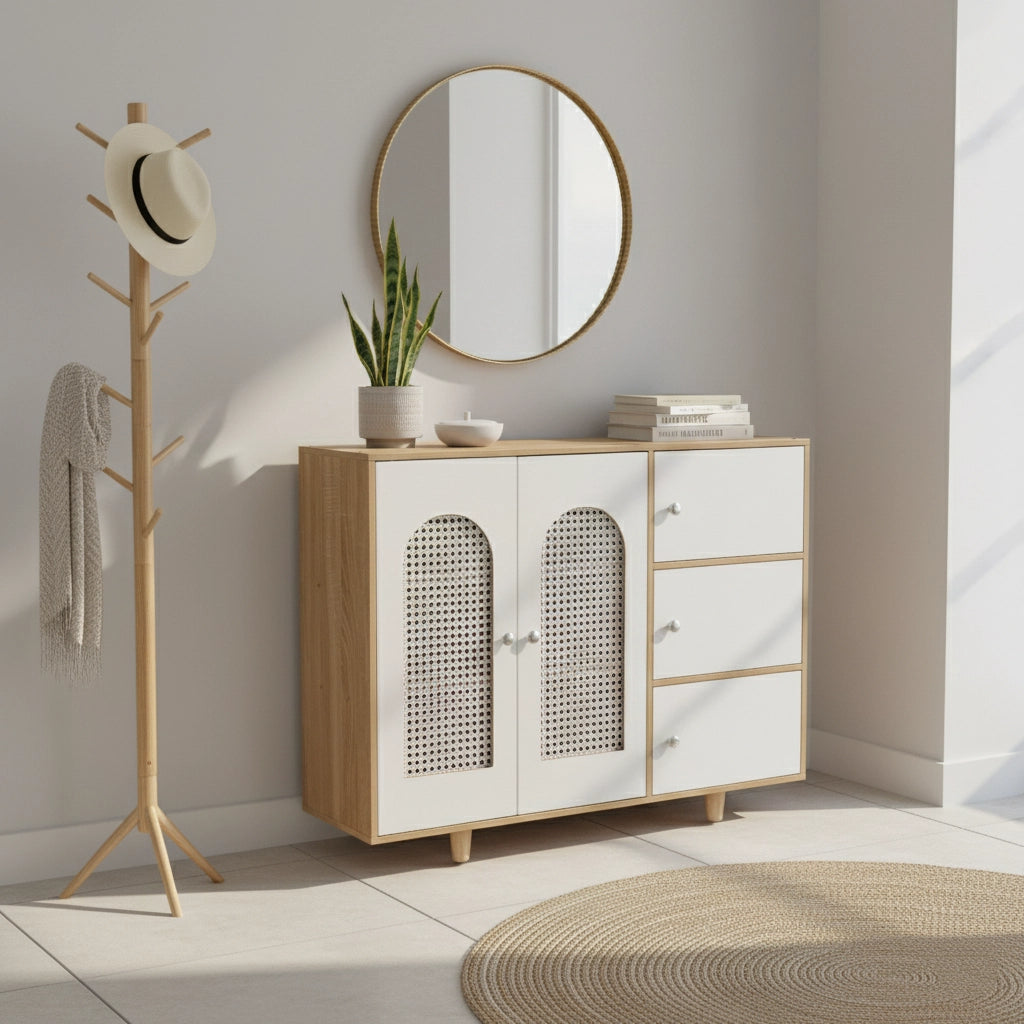 Modern MDF Storage Cabinet with Rattan-Style Doors and Drawers – Multi-Compartment Organizer for Living Room, Bedroom, or Kitchen, 39.4 x 11.8 x 29.9 in (100 x 30 x 76 cm)