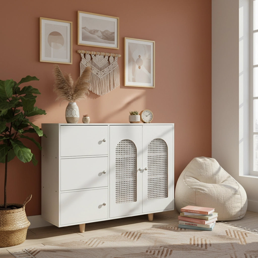 Modern MDF Storage Cabinet with Rattan-Style Doors and Drawers – Multi-Compartment Organizer for Living Room, Bedroom, or Kitchen, 39.4 x 11.8 x 29.9 in (100 x 30 x 76 cm)