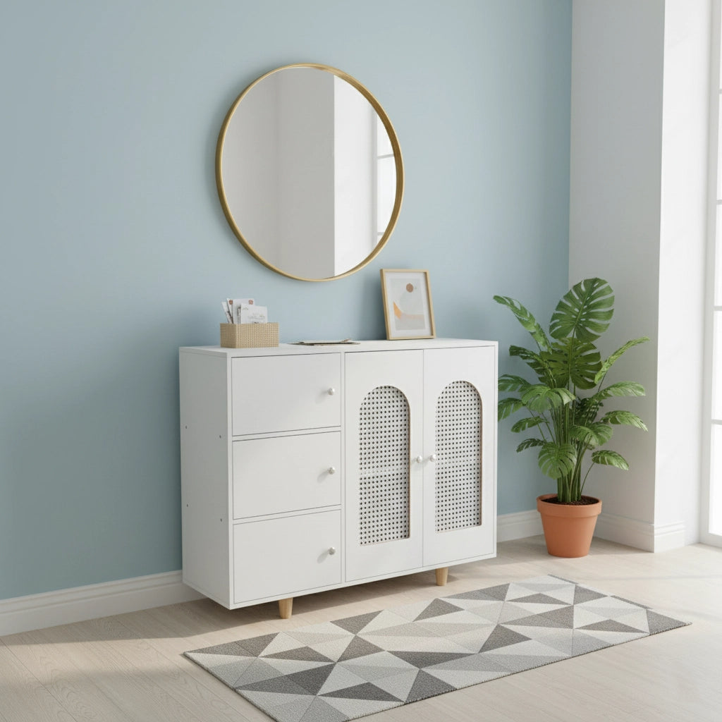 Modern MDF Storage Cabinet with Rattan-Style Doors and Drawers – Multi-Compartment Organizer for Living Room, Bedroom, or Kitchen, 39.4 x 11.8 x 29.9 in (100 x 30 x 76 cm)