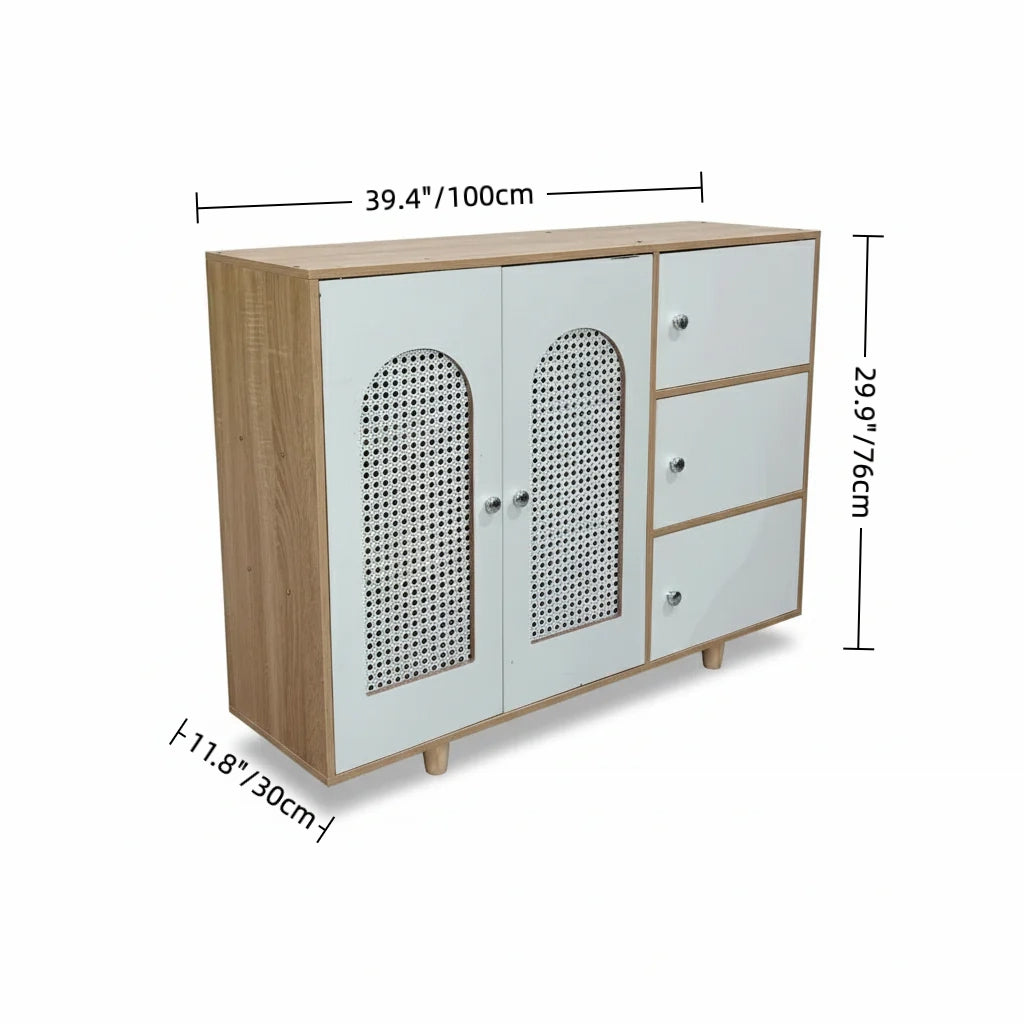 Modern MDF Storage Cabinet with Rattan-Style Doors and Drawers – Multi-Compartment Organizer for Living Room, Bedroom, or Kitchen, 39.4 x 11.8 x 29.9 in (100 x 30 x 76 cm)