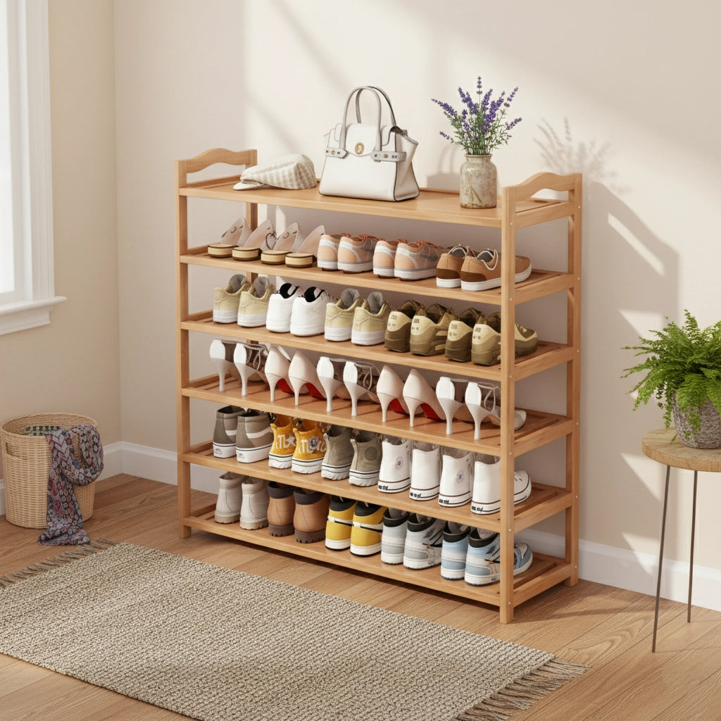 6-Tier Wooden Shoe Rack Organizer with Open Shelves – Space-Saving Storage for Entryway, Closet, or Living Room – 39.4 x 9.8 x 40.2 in (100 x 25 x 102 cm)