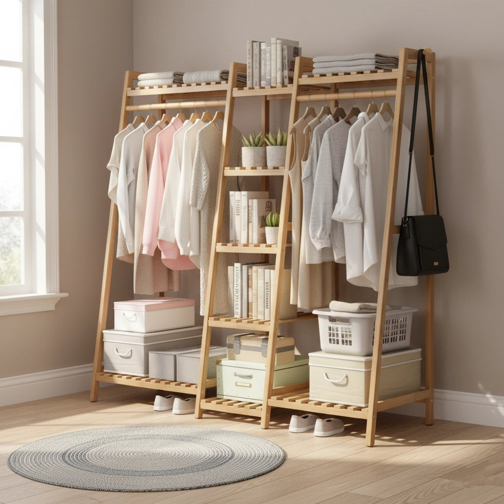 3-Compartment Wooden Clothes Rack, Natural Pine Wardrobe Storage Organizer with Hanging Rods and Shelves – 59.1 x 13.8 x 59.1 in (150 x 35 x 150 cm)