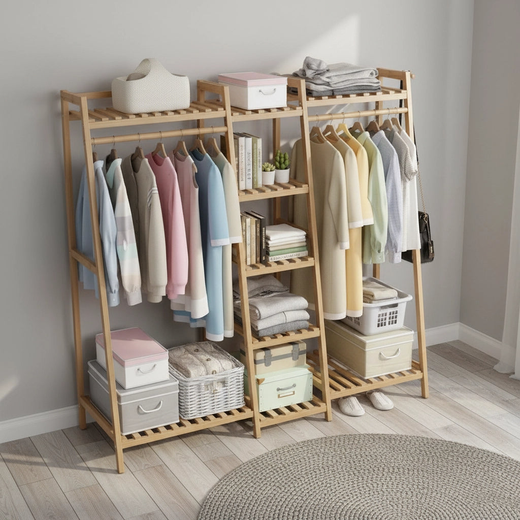 3-Compartment Wooden Clothes Rack, Natural Pine Wardrobe Storage Organizer with Hanging Rods and Shelves – 59.1 x 13.8 x 59.1 in (150 x 35 x 150 cm)