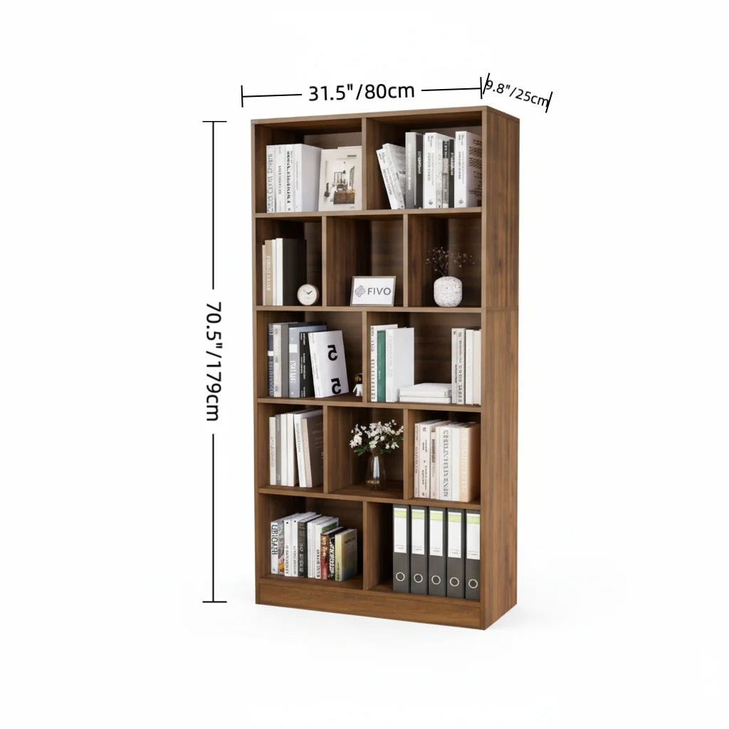 5-Tier Wooden Bookshelf with 12 Storage Compartments, Modern Freestanding Bookcase Organizer for Living Room, Bedroom, or Office – 31.5 x 9.8 x 70.5 in (80 x 25 x 179 cm)