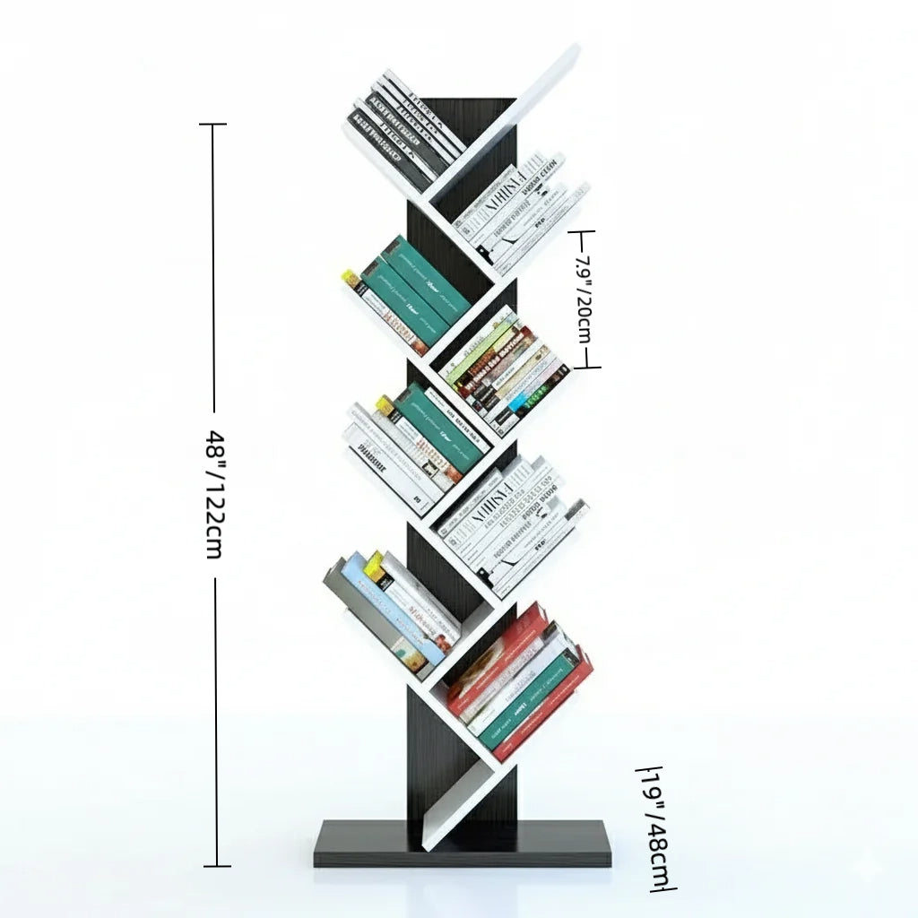 Modern Wooden Tree Bookshelf 9-Tier Floor Standing Bookcase Organizer, Space-Saving Vertical Storage Rack for Books, Magazines, and Decor – 19 x 7.9 x 48 in (48 x 20 x 122 cm)