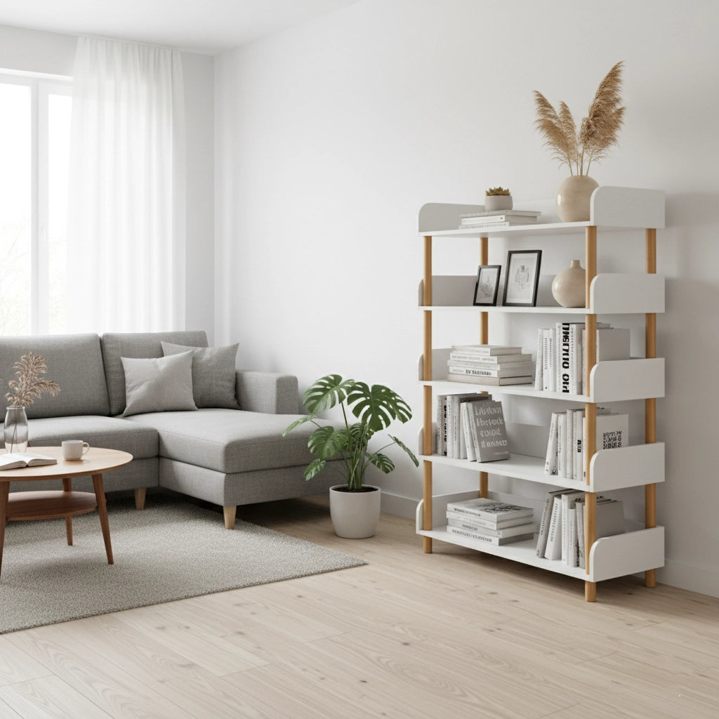 40 units Modern Wooden Bookshelf with White Shelves – 5-Tier Freestanding Storage Rack for Living Room, Bedroom, or Office – Space-Saving Organizer 31.5 x 9.4 x 59 in (80 x 24 x 150 cm)