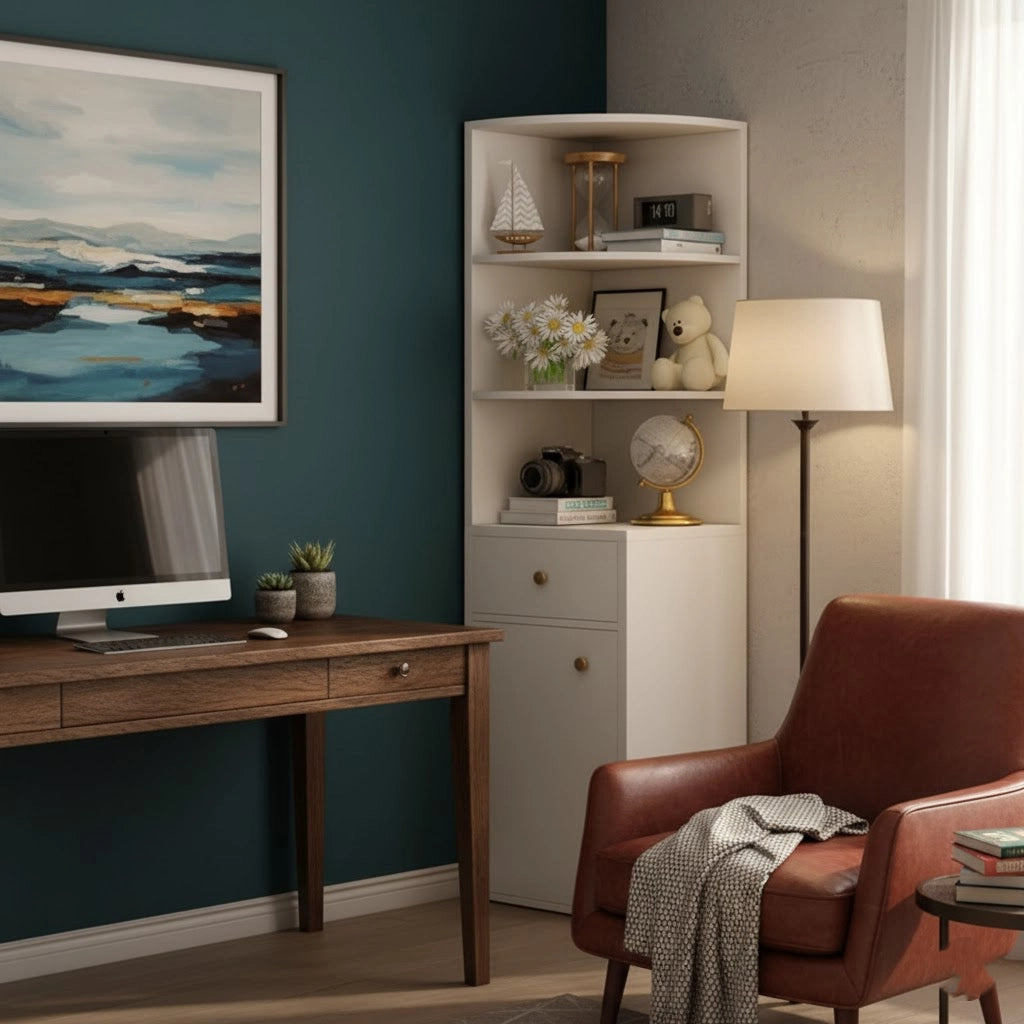 40 units Space-Saving Corner Bookshelf with Storage Cabinet – Compact Wooden Bookcase for Living Room or Bedroom, 9.4 x 9.4 x 51.2 in (24 x 24 x 130 cm)