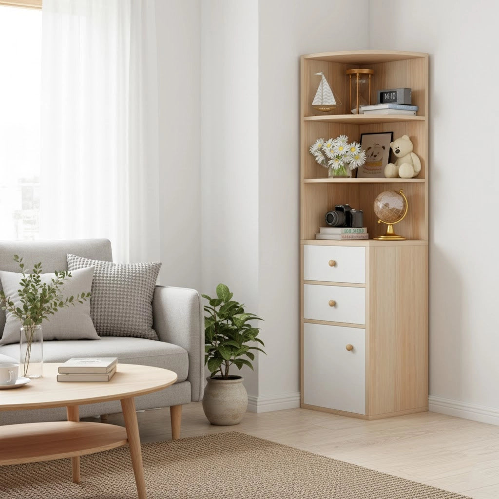 40 units Space-Saving Corner Bookshelf with Storage Cabinet – Compact Wooden Bookcase for Living Room or Bedroom, 9.4 x 9.4 x 51.2 in (24 x 24 x 130 cm)