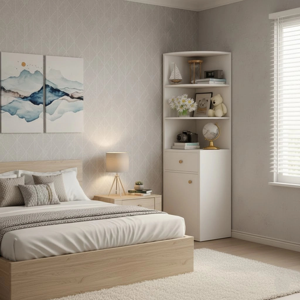 40 units Space-Saving Corner Bookshelf with Storage Cabinet – Compact Wooden Bookcase for Living Room or Bedroom, 9.4 x 9.4 x 51.2 in (24 x 24 x 130 cm)