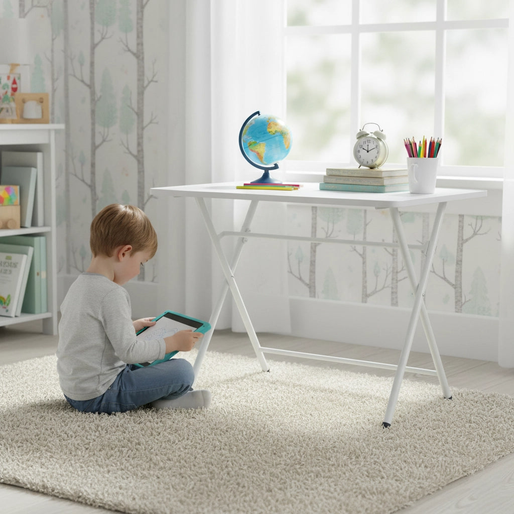 Folding Dining Table with Metal Legs, MDF Top, White Finish – Compact Desk for Kitchen, Office, or Study – 19.6 x 27.5 x 28.7 in (50 x 70 x 73 cm)