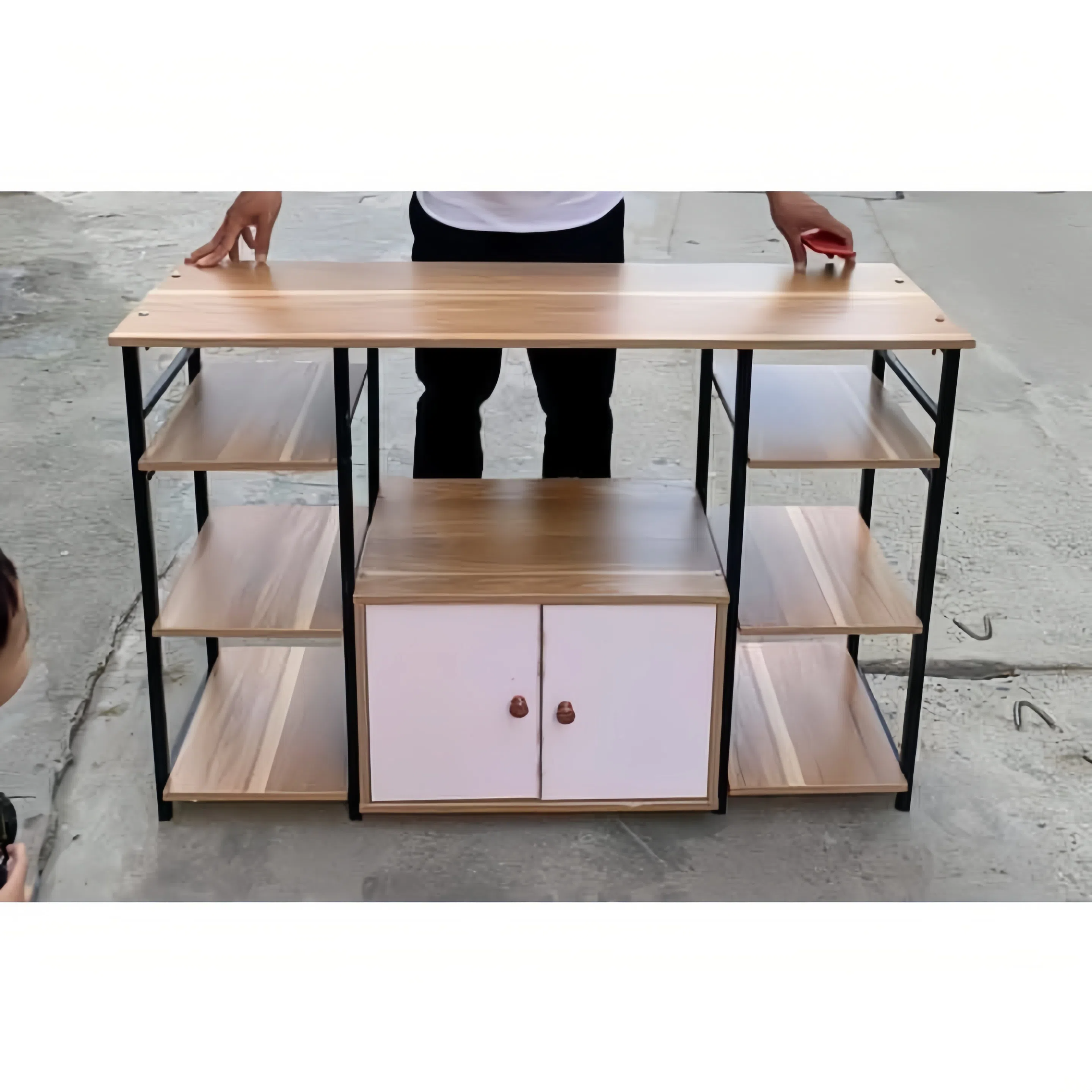 2‑Tier Wooden Microwave Oven Rack with Cabinet & 6 Shelves – Extra‑Wide Kitchen Storage Stand