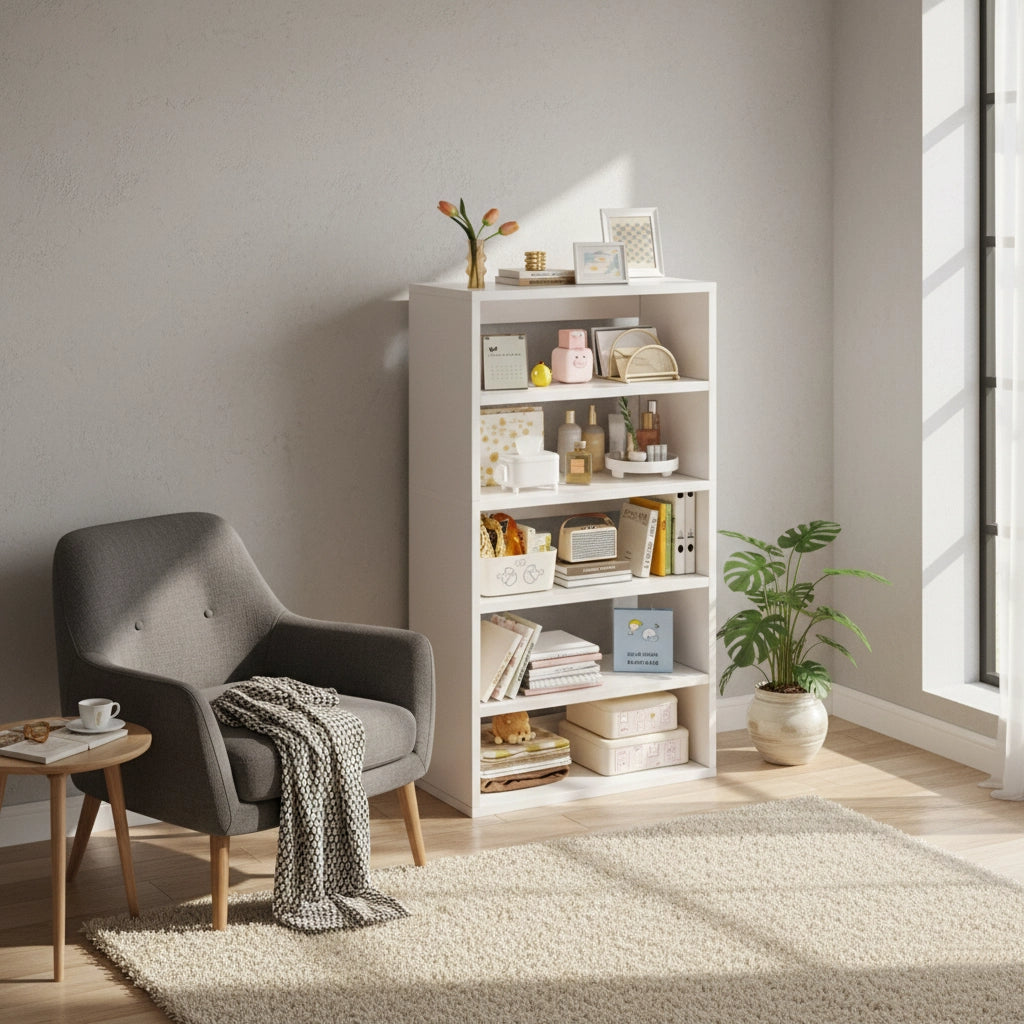 Modern 5-Tier Storage Bookshelf Cabinet – Multi-Functional Organizer for Living Room, Bedroom, Office – Space-Saving Display Shelf for Books, Decor, and Storage – Durable MDF Wood – 53.5 x 23.6 x 9.4 in (136 x 60 x 24 cm)