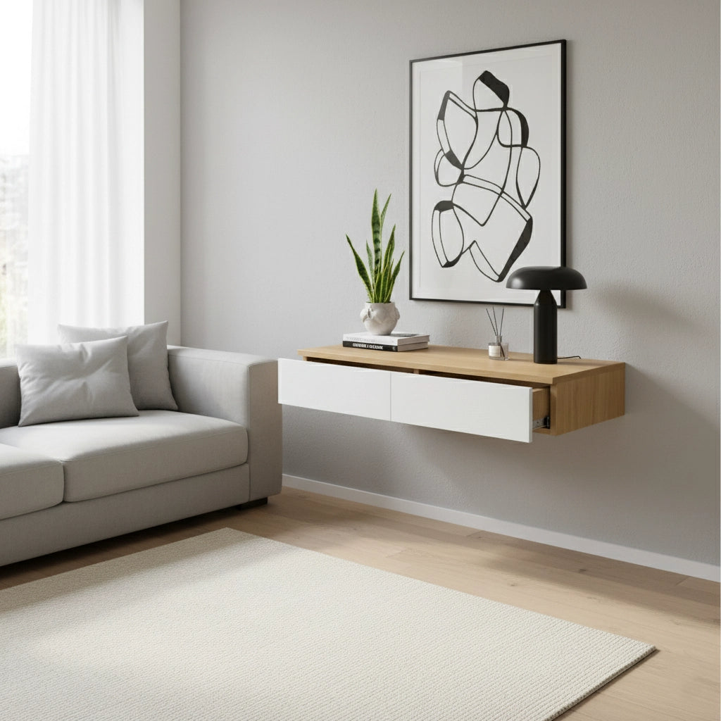 Wall Mounted Floating Vanity Desk with 2 Storage Drawers Modern MDF Makeup Table – 39.4 x 15.7 x 5.9 in (100 x 40 x 15 cm), Space-Saving Dressing Table for Bedroom or Small Spaces