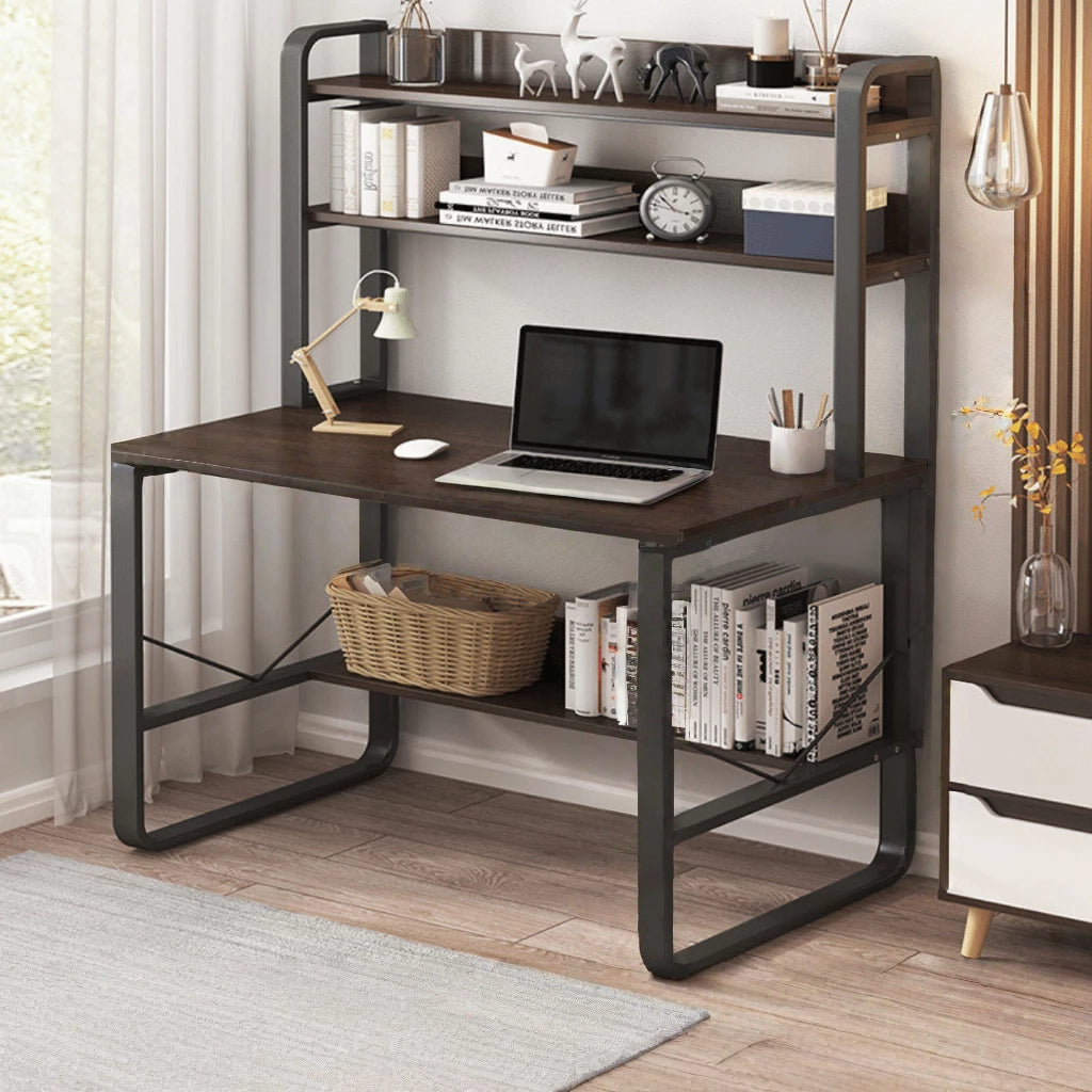Wood and Metal Study Desk with Bookshelf, 2-Tier Computer Table for Home Office, Durable MDF Top and Steel Frame, 47.2 x 23.6 x 53.1 in (120 x 60 x 135 cm)
