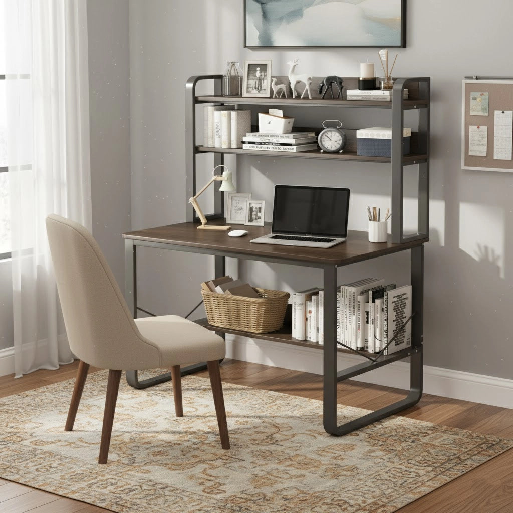Wood and Metal Study Desk with Bookshelf, 2-Tier Computer Table for Home Office, Durable MDF Top and Steel Frame, 47.2 x 23.6 x 53.1 in (120 x 60 x 135 cm)
