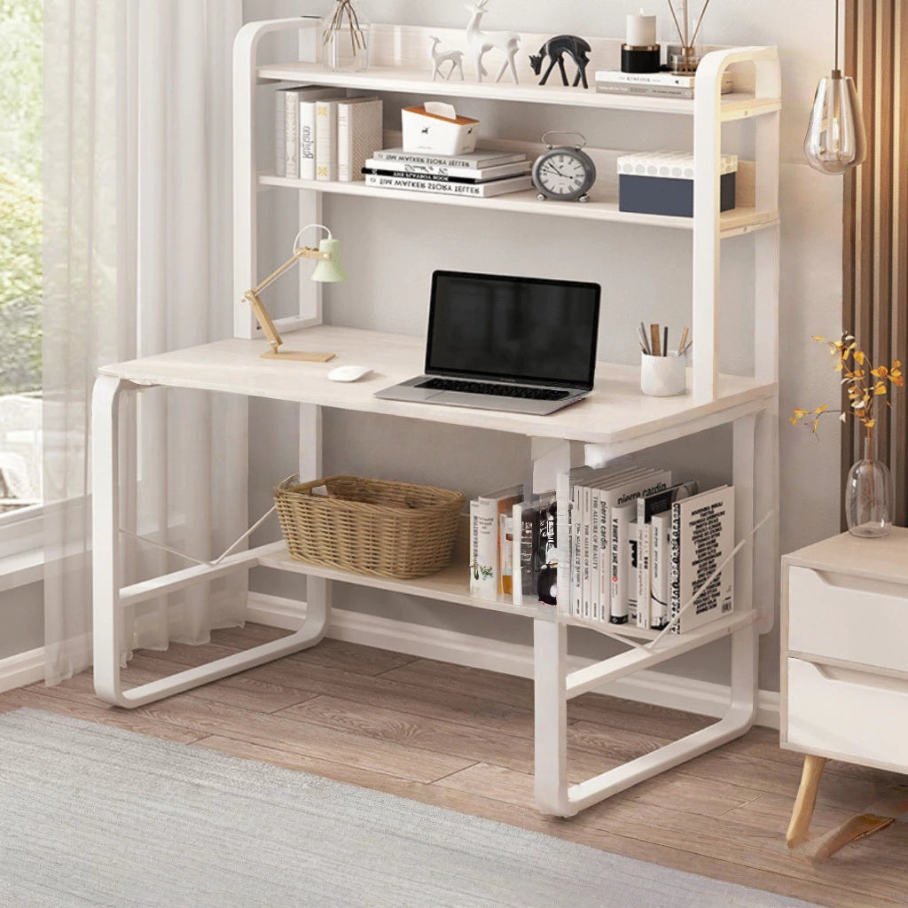 Wood and Metal Study Desk with Bookshelf, 2-Tier Computer Table for Home Office, Durable MDF Top and Steel Frame, 47.2 x 23.6 x 53.1 in (120 x 60 x 135 cm)