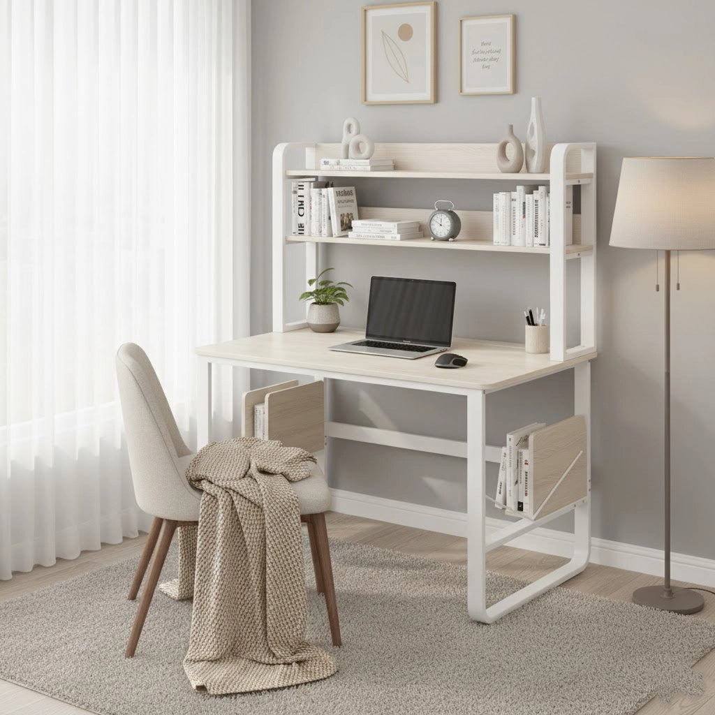 Wood and Metal Study Desk with Bookshelf, 2-Tier Computer Table for Home Office, Durable MDF Top and Steel Frame, 47.2 x 23.6 x 53.1 in (120 x 60 x 135 cm)