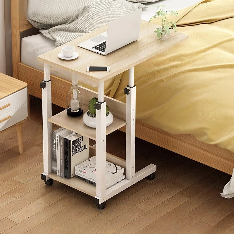 60 units Adjustable Mobile Laptop Desk with Bookshelf Storage, 3-Tier Rolling Study Table, Height Adjustable 26.8–33.5 in (68–85 cm), Compact Bedside Workstation for Bedroom, Living Room, Dorm, and Home Office