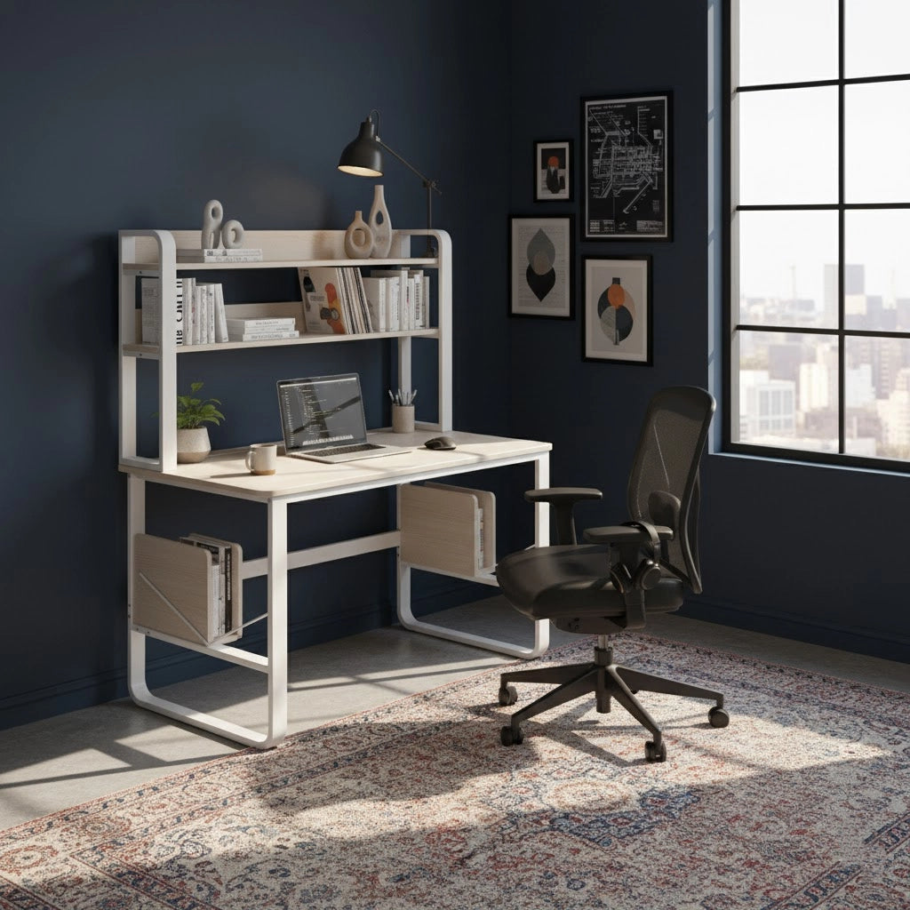 Wood and Metal Study Desk with Bookshelf, 2-Tier Computer Table for Home Office, Durable MDF Top and Steel Frame, 47.2 x 23.6 x 53.1 in (120 x 60 x 135 cm)