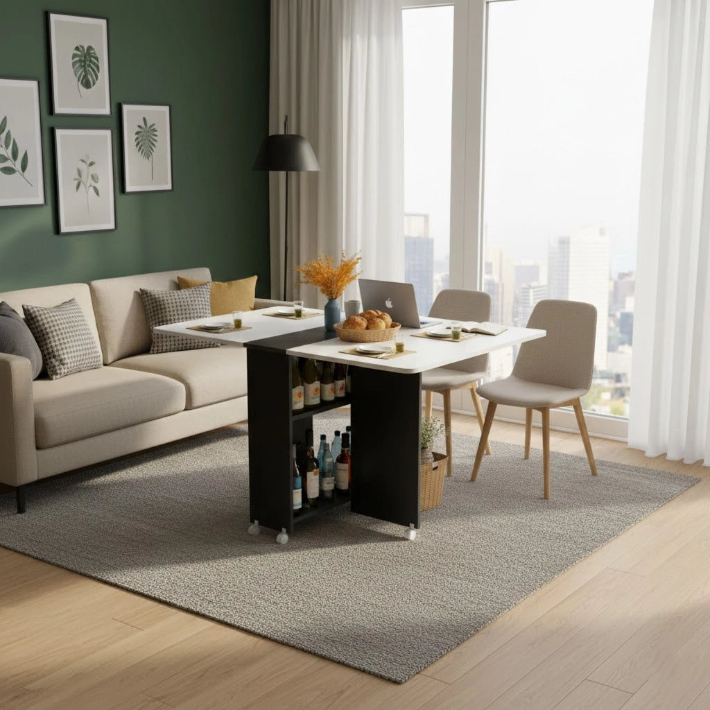 10 units Folding Dining Table with Wheels, Space-Saving Extendable Table for Kitchen or Living Room, Compact Wooden Table with Storage Shelf, Easy to Move, 27.2 x 31.5 x 55.9 in (69 x 80 x 142 cm)