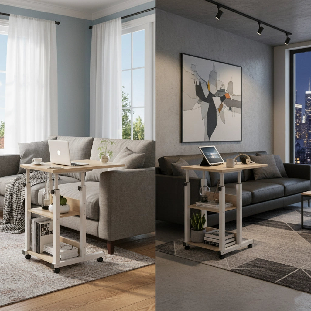 60 units Adjustable Mobile Laptop Desk with Bookshelf Storage, 3-Tier Rolling Study Table, Height Adjustable 26.8–33.5 in (68–85 cm), Compact Bedside Workstation for Bedroom, Living Room, Dorm, and Home Office