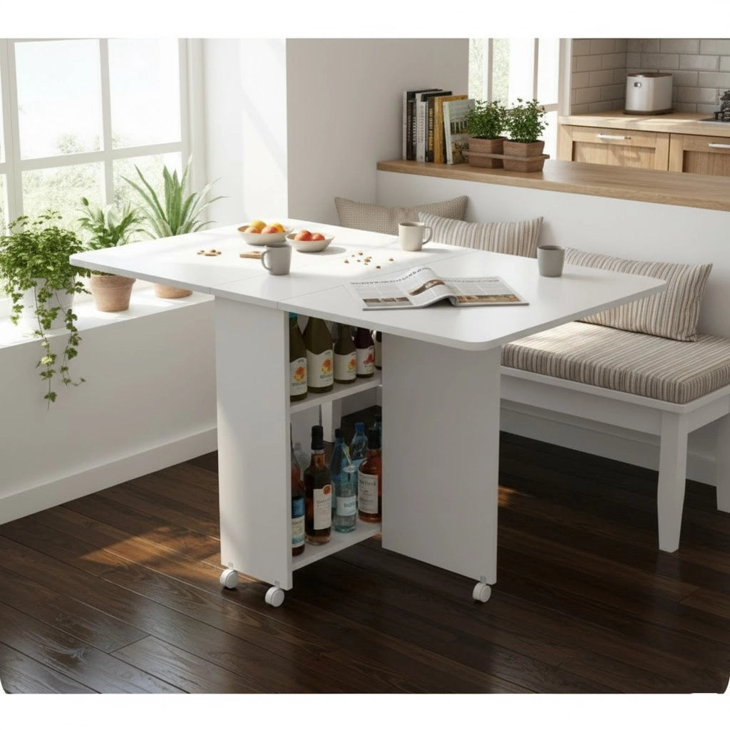 10 units Folding Dining Table with Wheels, Space-Saving Extendable Table for Kitchen or Living Room, Compact Wooden Table with Storage Shelf, Easy to Move, 27.2 x 31.5 x 55.9 in (69 x 80 x 142 cm)