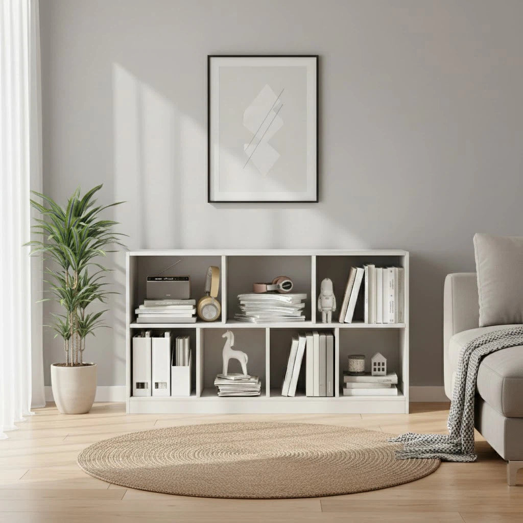 47" Horizontal Bookshelf, 2-Tier Low Profile Wood Storage Organizer, Modern Nordic Open Display Shelf Made of 12mm Premium MDF, Moisture-Proof Floor Shelving for Living Room, Office, White