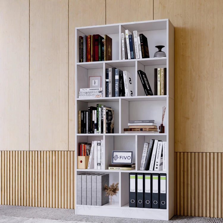 5-Tier Wooden Bookshelf with 12 Storage Compartments, Modern Freestanding Bookcase Organizer for Living Room, Bedroom, or Office – 31.5 x 9.8 x 70.5 in (80 x 25 x 179 cm)